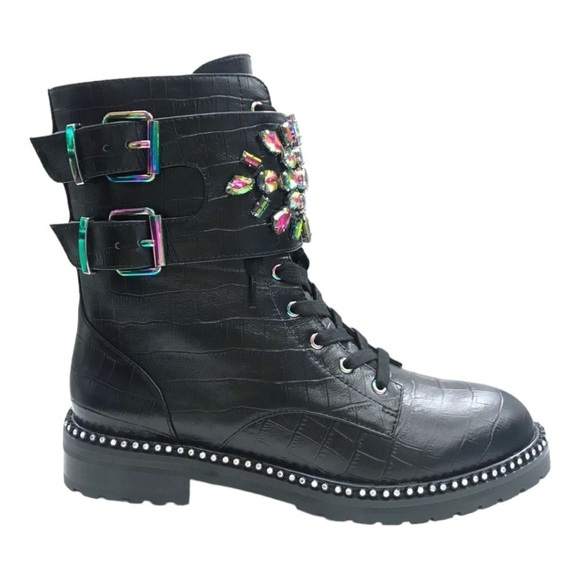 Kurt Geiger Stoop Rainbow Crystal Combat Boots in Black Leather Size 37 - Picture 1 of 12